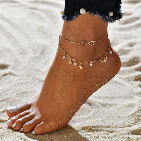Vintage Star Elephant Anklets Bracelet For Women Boho Pendent Double Layer Anklet Bohemian Foot Jewelry Gift chaine de cheville